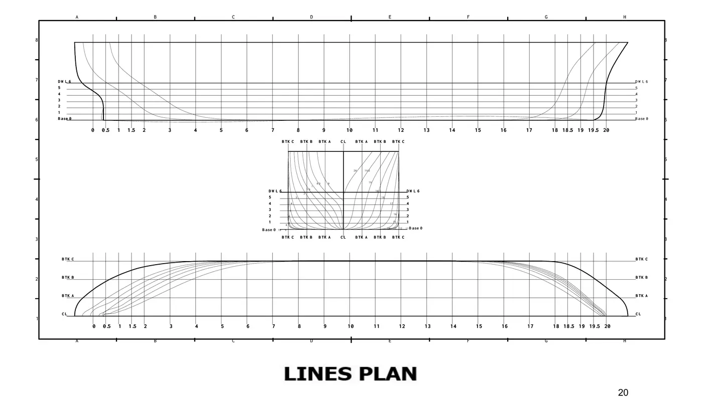 Lines plan defining the inland cargo vessel hull form